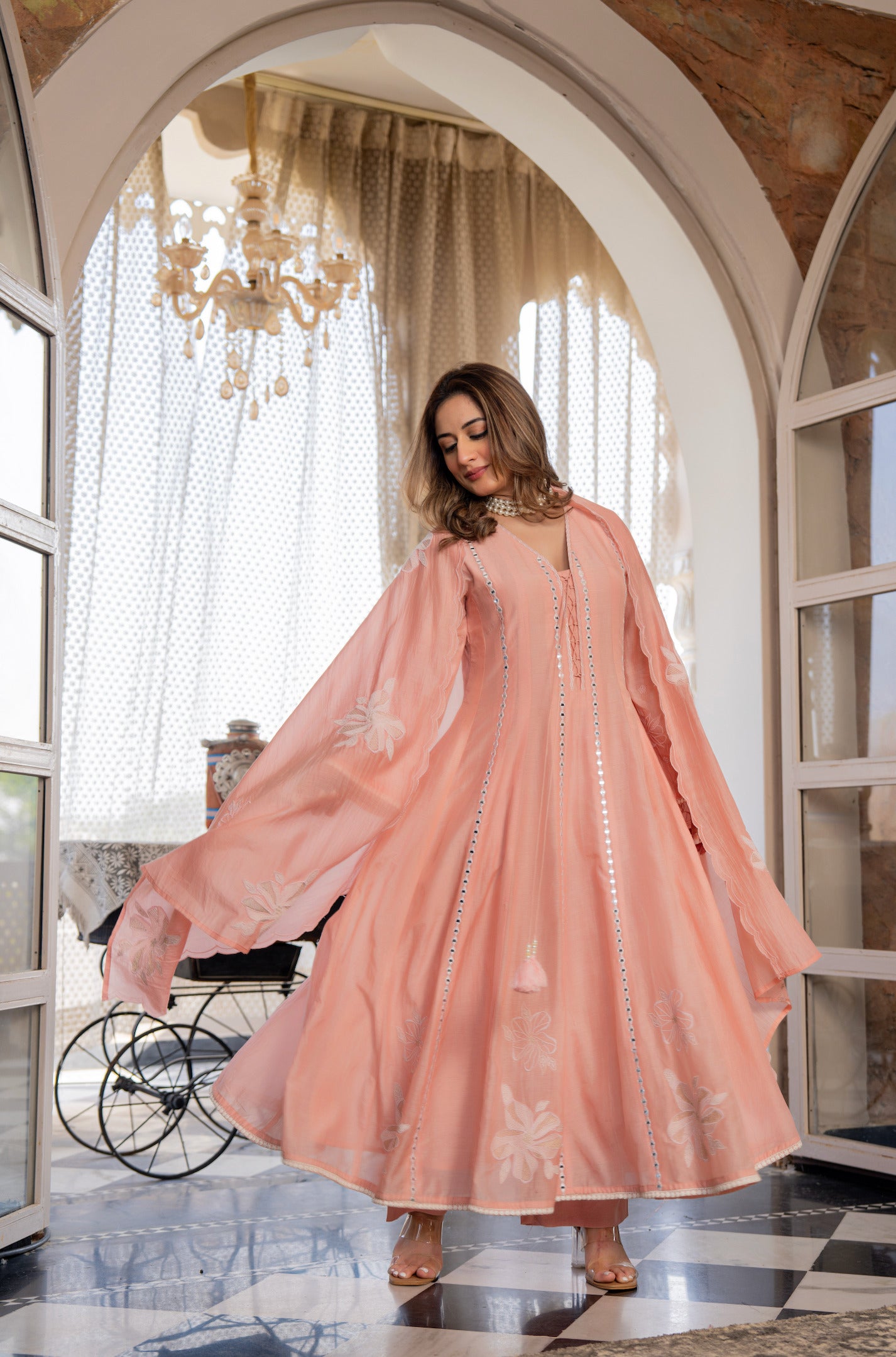 Peach Embroidered Anarkali Kurta Set with Dupatta