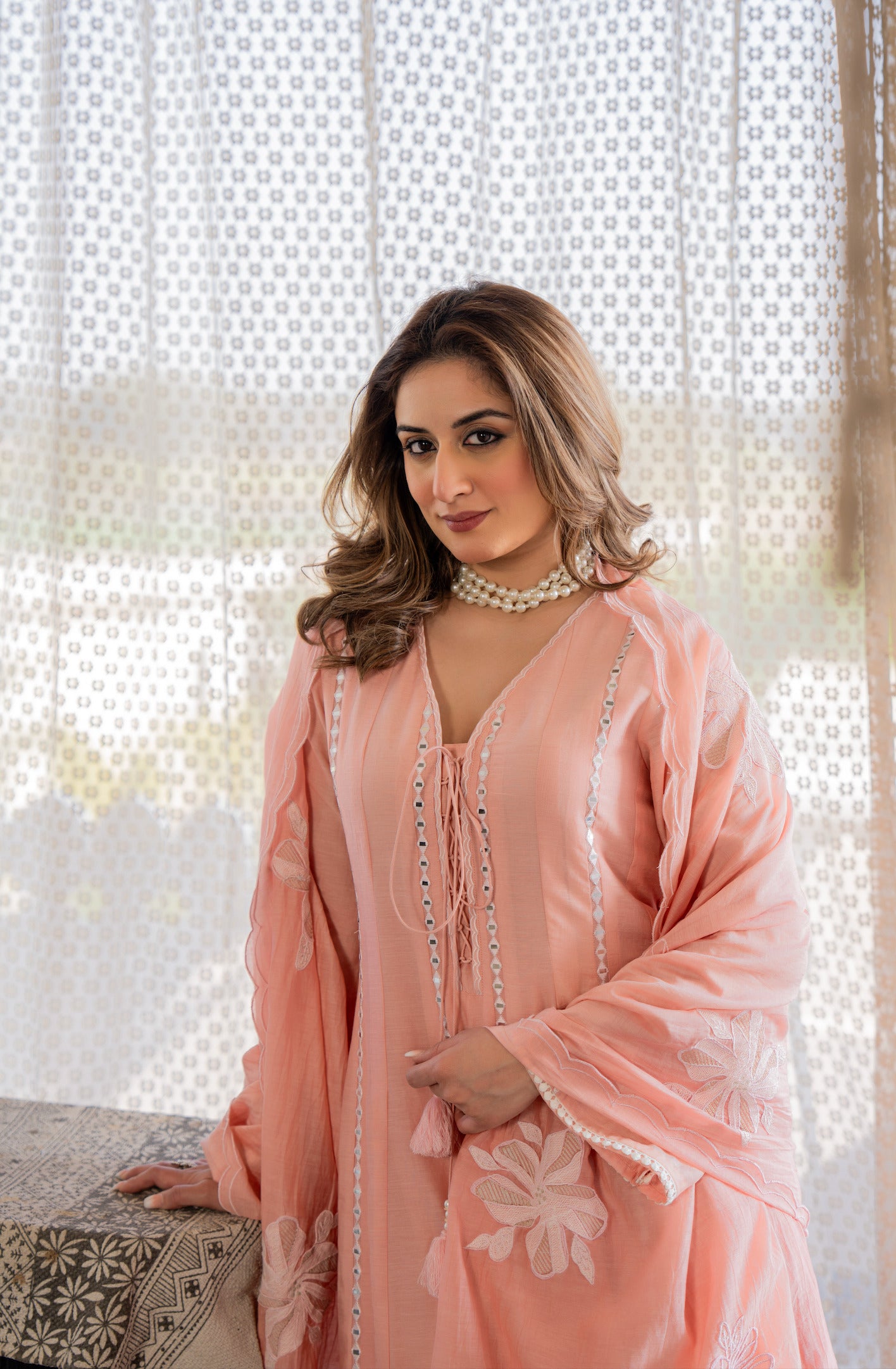 Peach Embroidered Anarkali Kurta Set with Dupatta