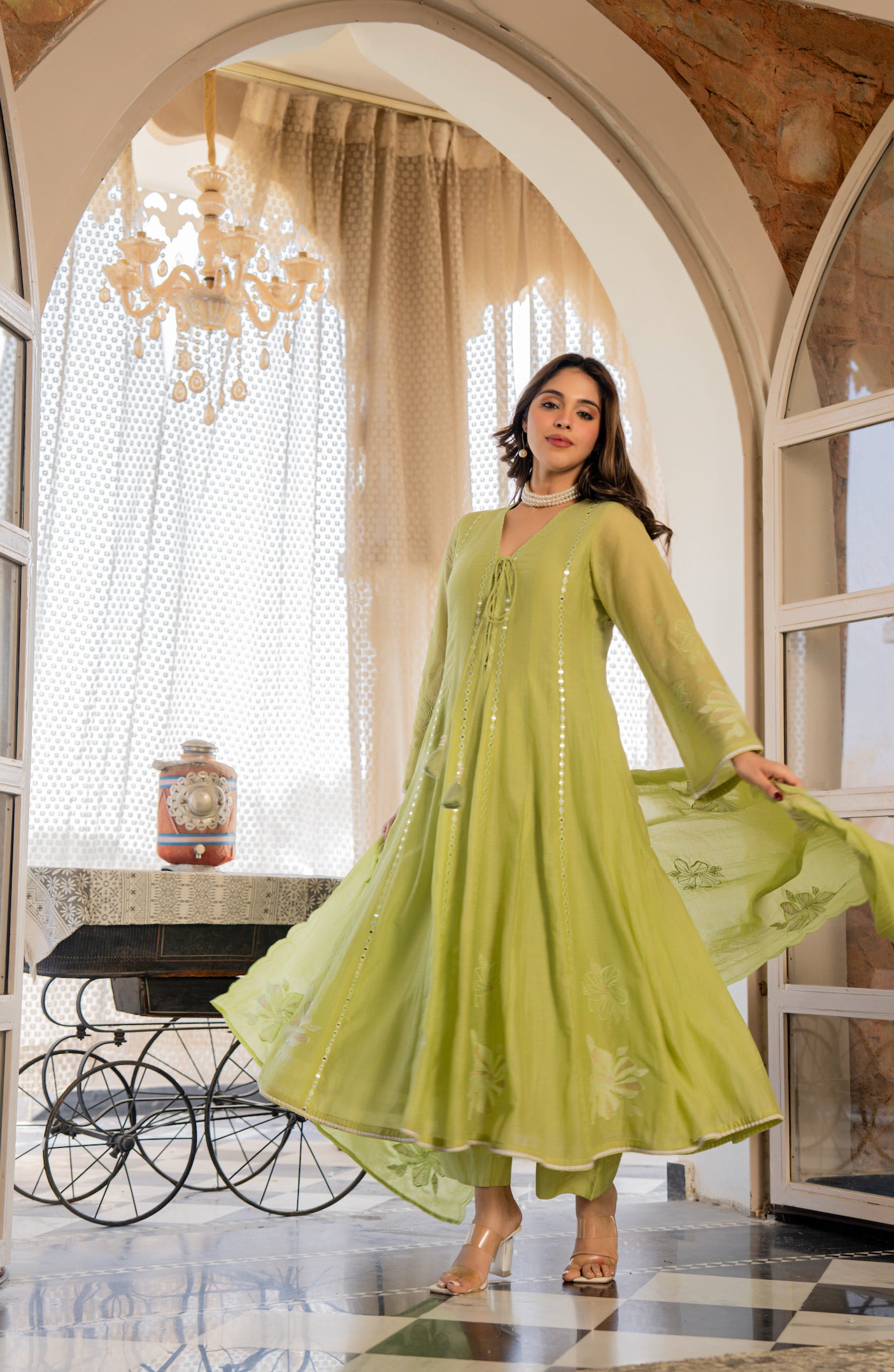 Pista Green Embroidered Anarkali Kurta Set with Dupatta