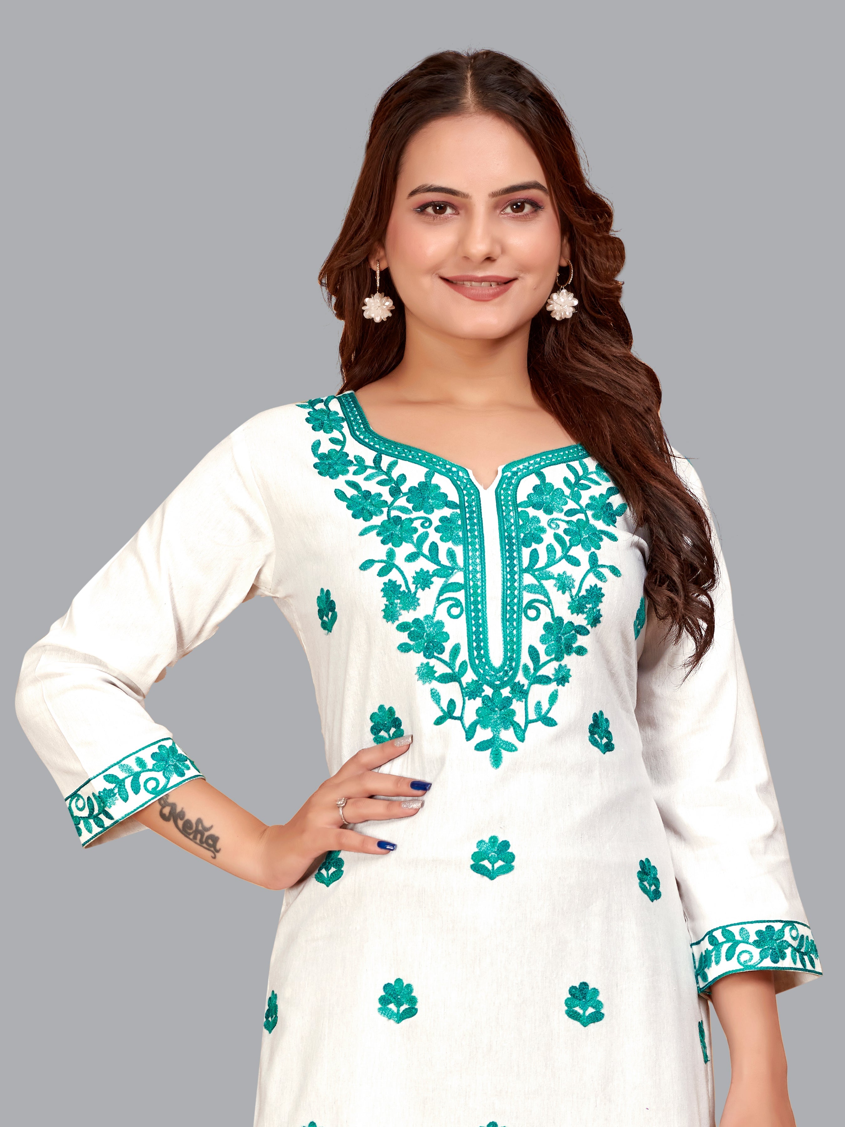 White And Blue Embroidered Cotton Kurti Top For Women