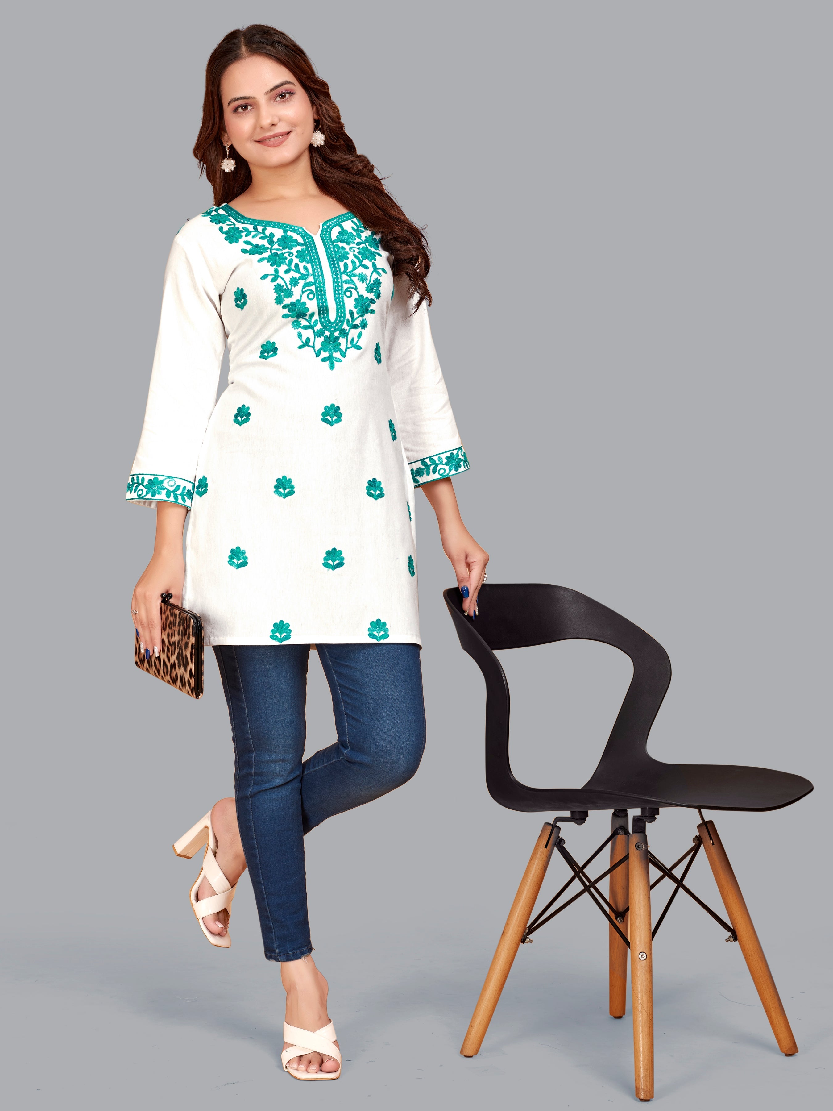 White And Blue Embroidered Cotton Kurti Top For Women