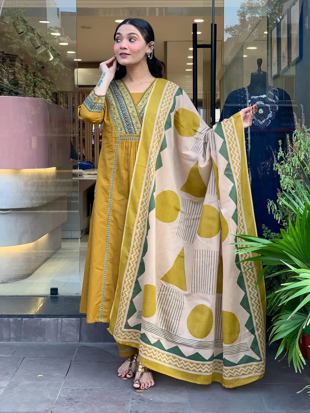 Mustard Yellow Handblock Printed Cotton Anarkali Suit Set with Abstract Dupatta