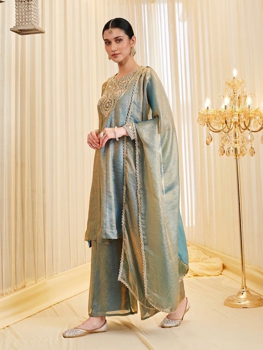 Sage Green Embroidered A-Line Kurta Palazzo Set with Dupatta