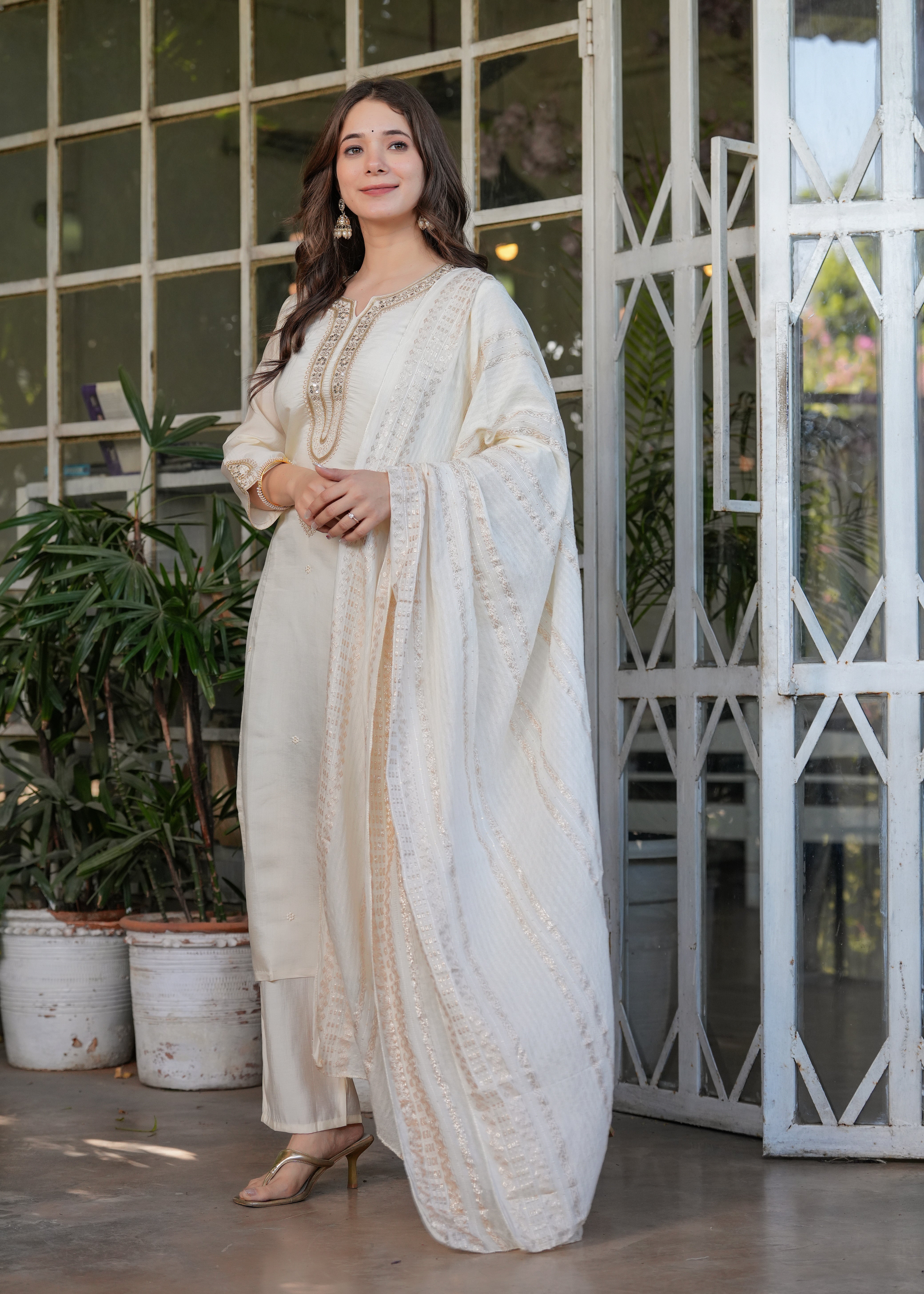 Elegant Off-White Embroidered Kurta Pant Set with Designer Dupatta for Women