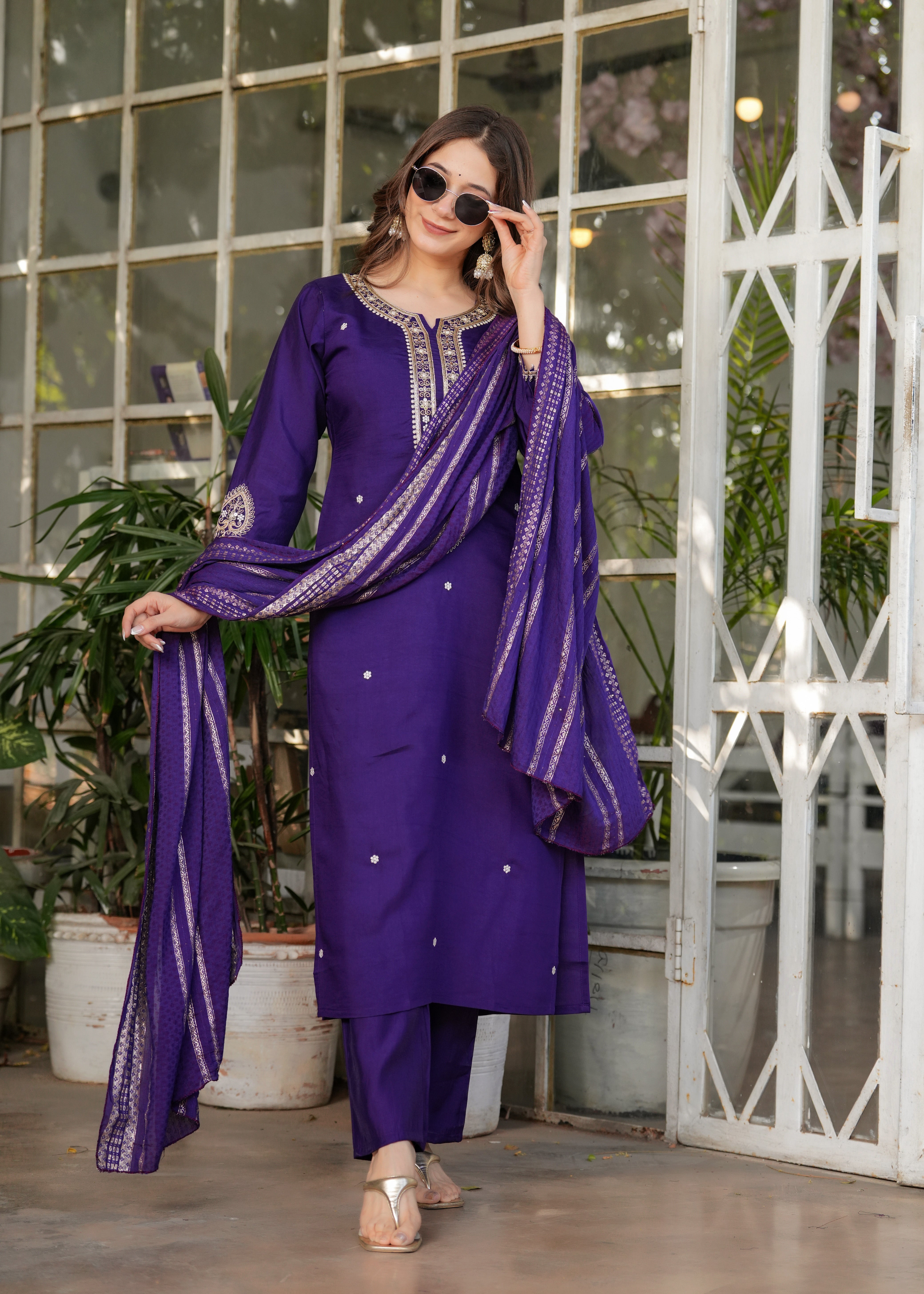 Elegant Purple Embroidered Kurta Pant Set with Designer Dupatta for Women