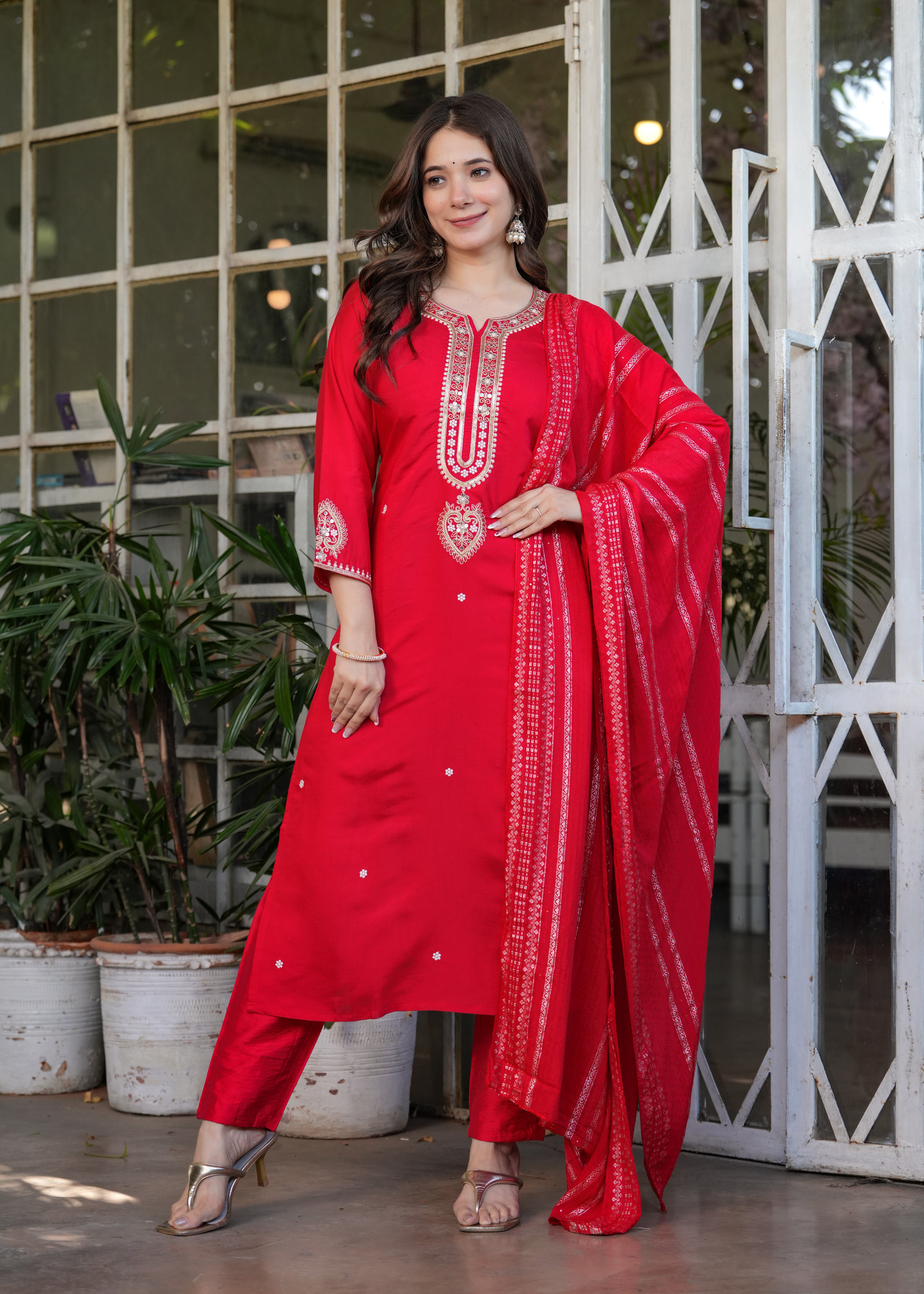Elegant Red Embroidered Kurta Pant Set with Designer Dupatta for Women
