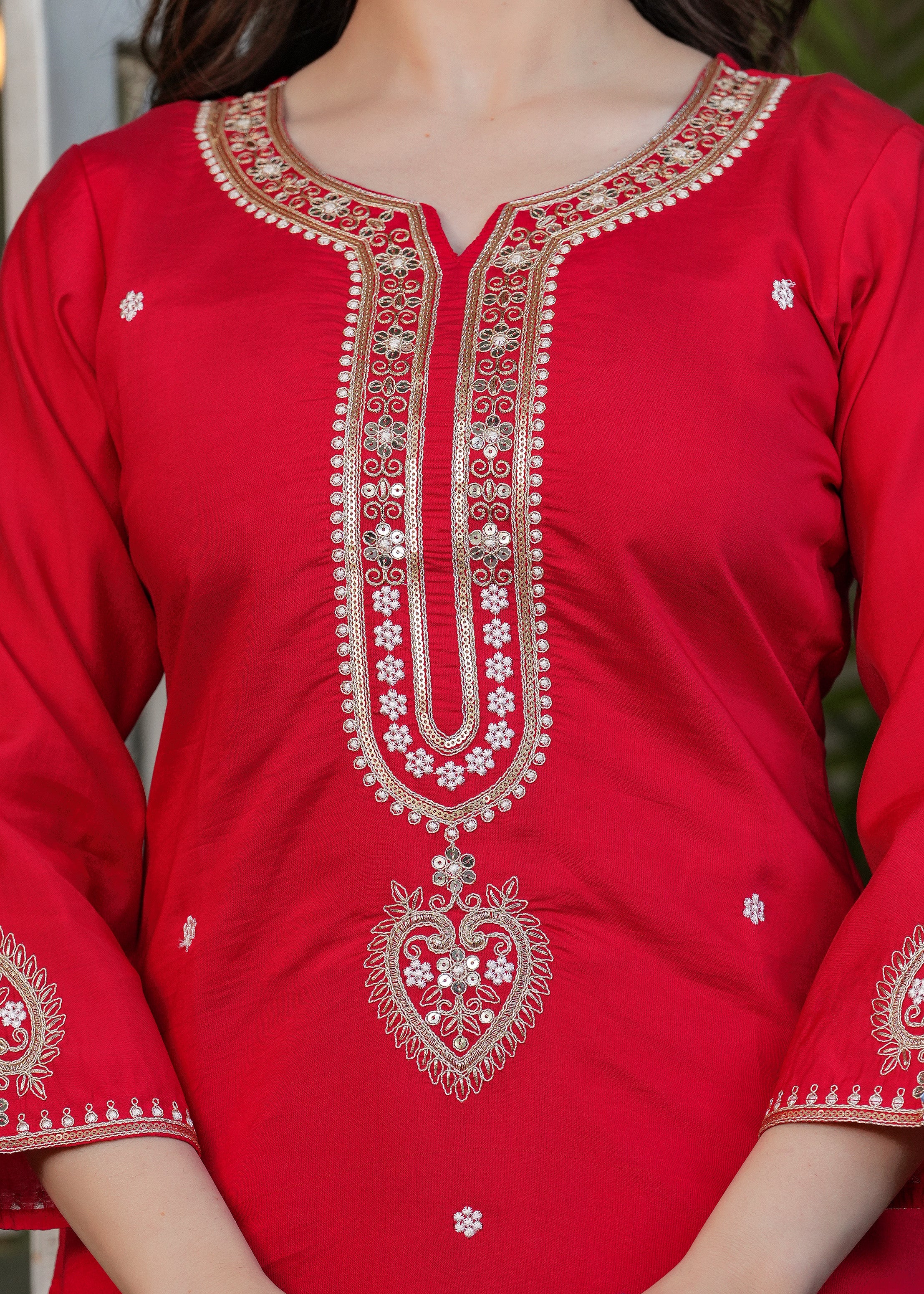 Elegant Red Embroidered Kurta Pant Set with Designer Dupatta for Women