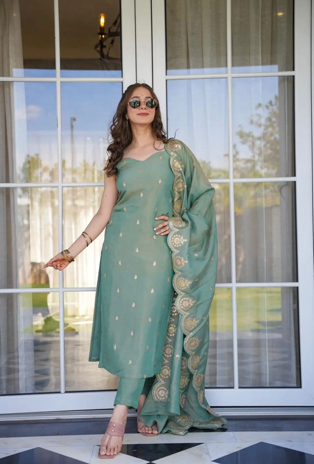 Sea Green Embroidered Kurta Pant Set with Designer Dupatta for Women