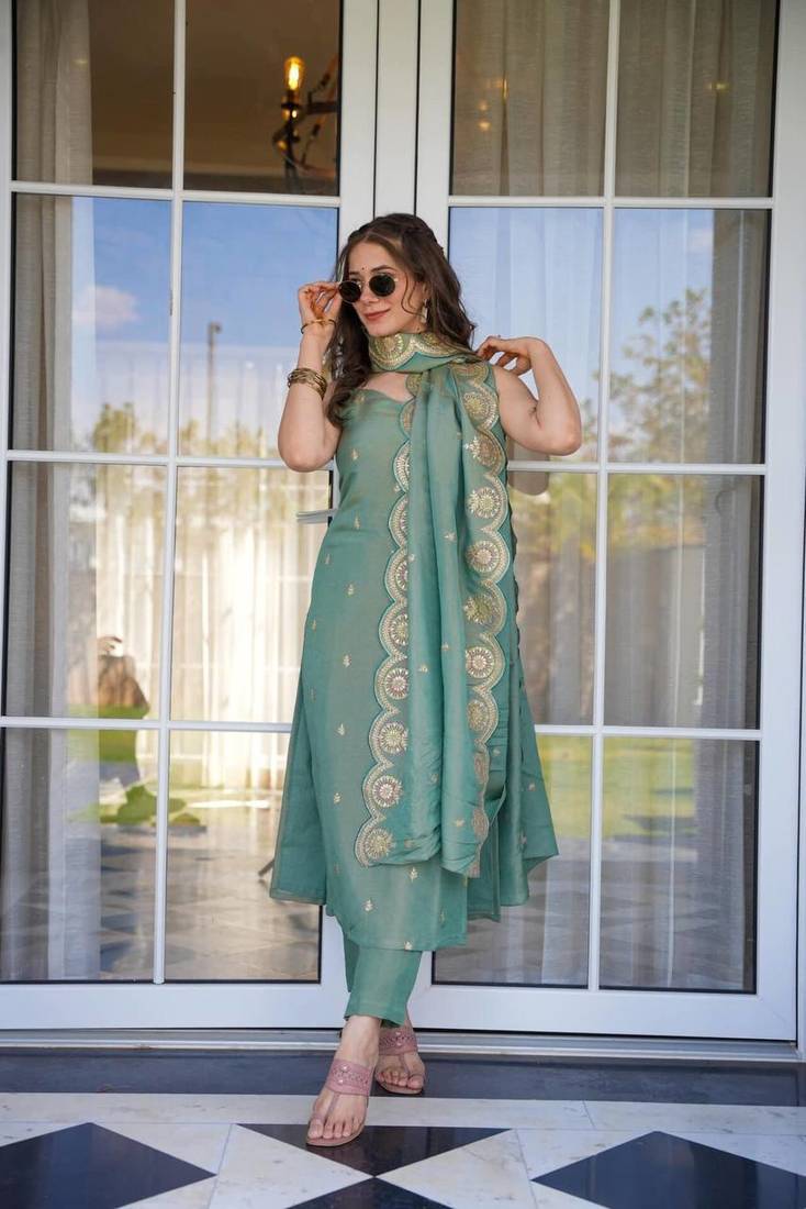 Sea Green Embroidered Kurta Pant Set with Designer Dupatta for Women