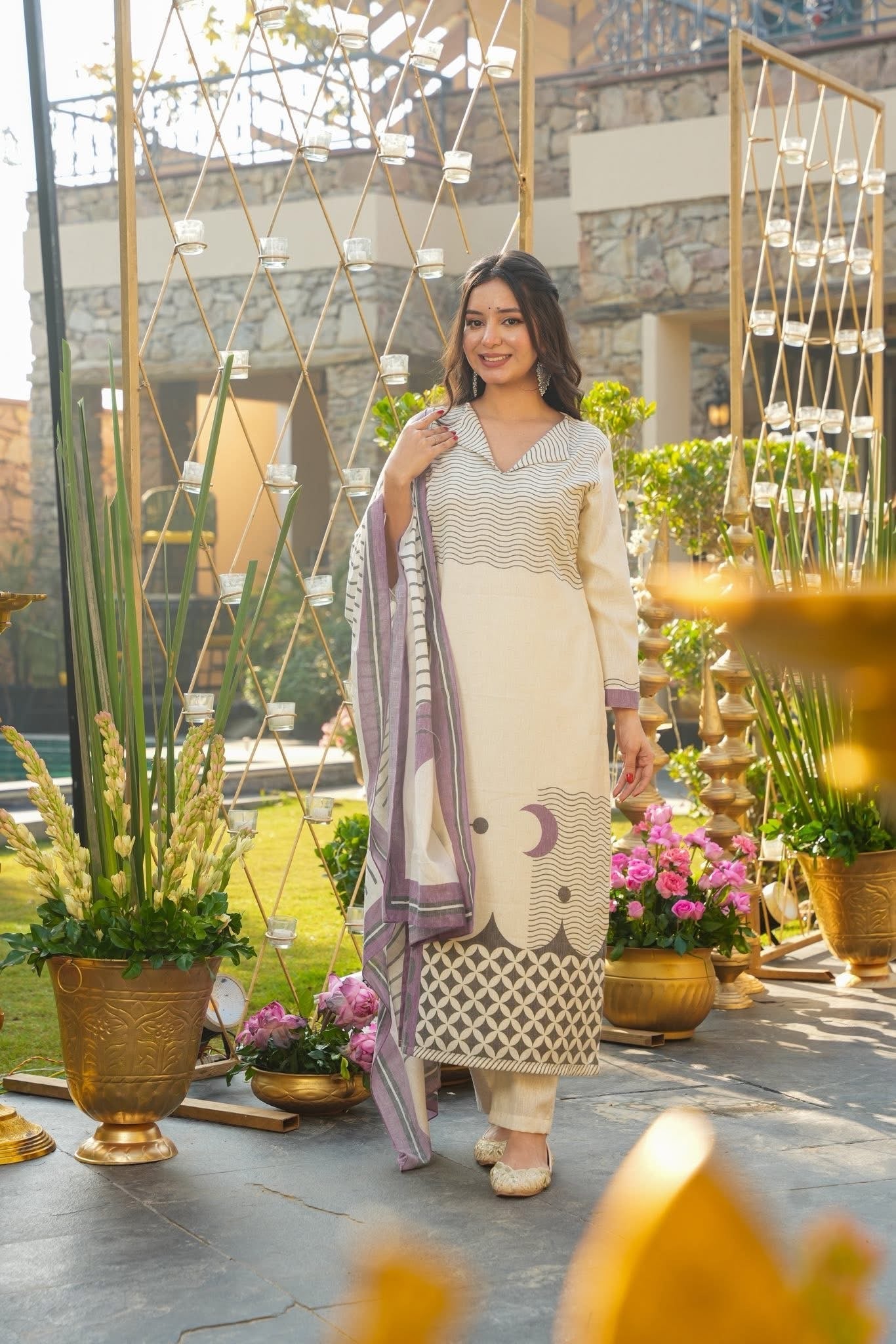 Ivory Printed Kurta Pant Set with Coordinated Dupatta
