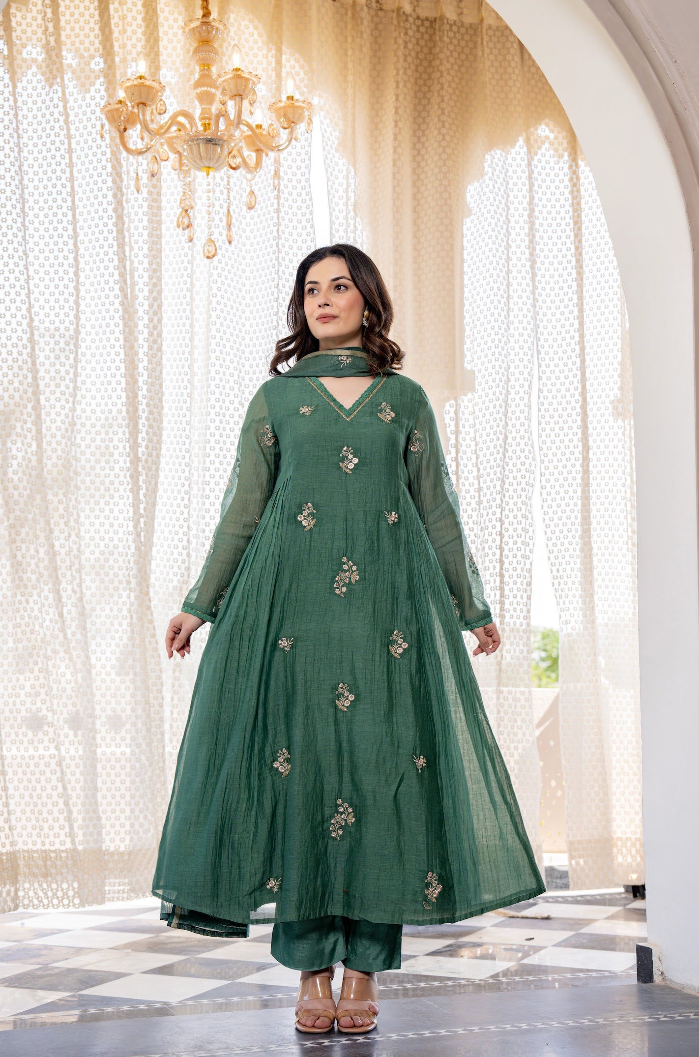 Elegant Green Embroidered Anarkali Kurta Set with Dupatta for Women