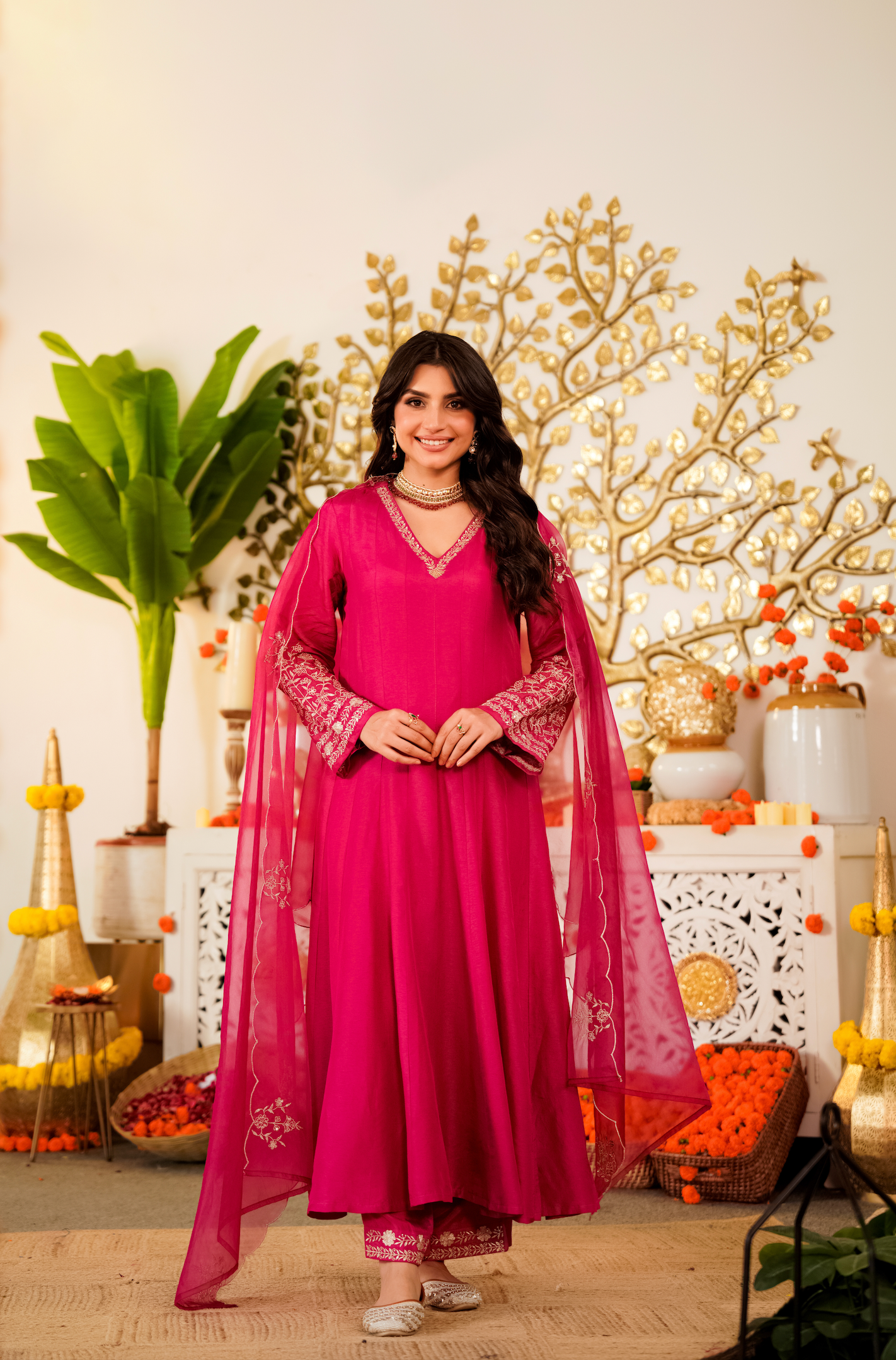Fuchsia Pink Anarkali Kurta Set with Embroidered Organza Dupatta