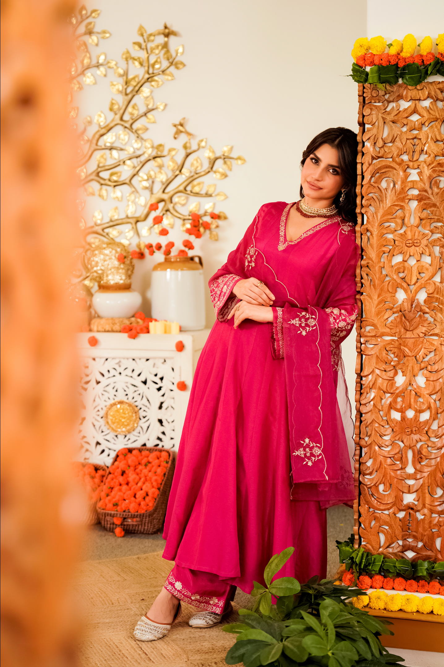 Fuchsia Pink Anarkali Kurta Set with Embroidered Organza Dupatta