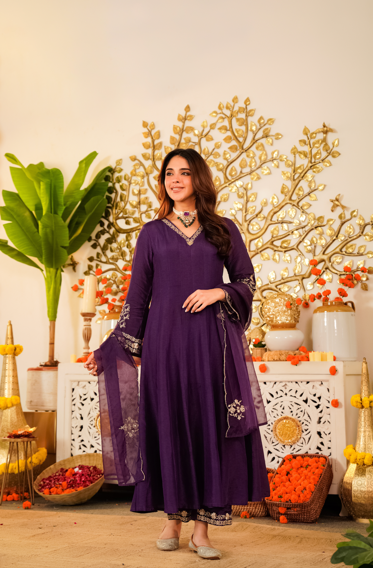 Royal Purple Anarkali Kurta Set with Embroidered Organza Dupatta
