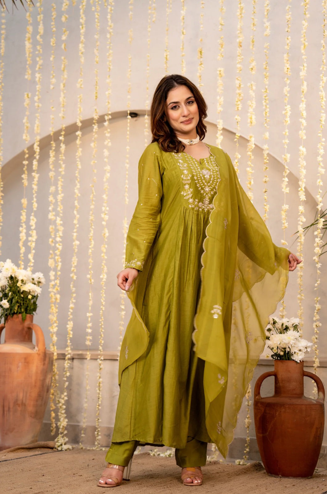 Elegant Olive Green Embroidered Anarkali Kurta Set with Dupatta for Women