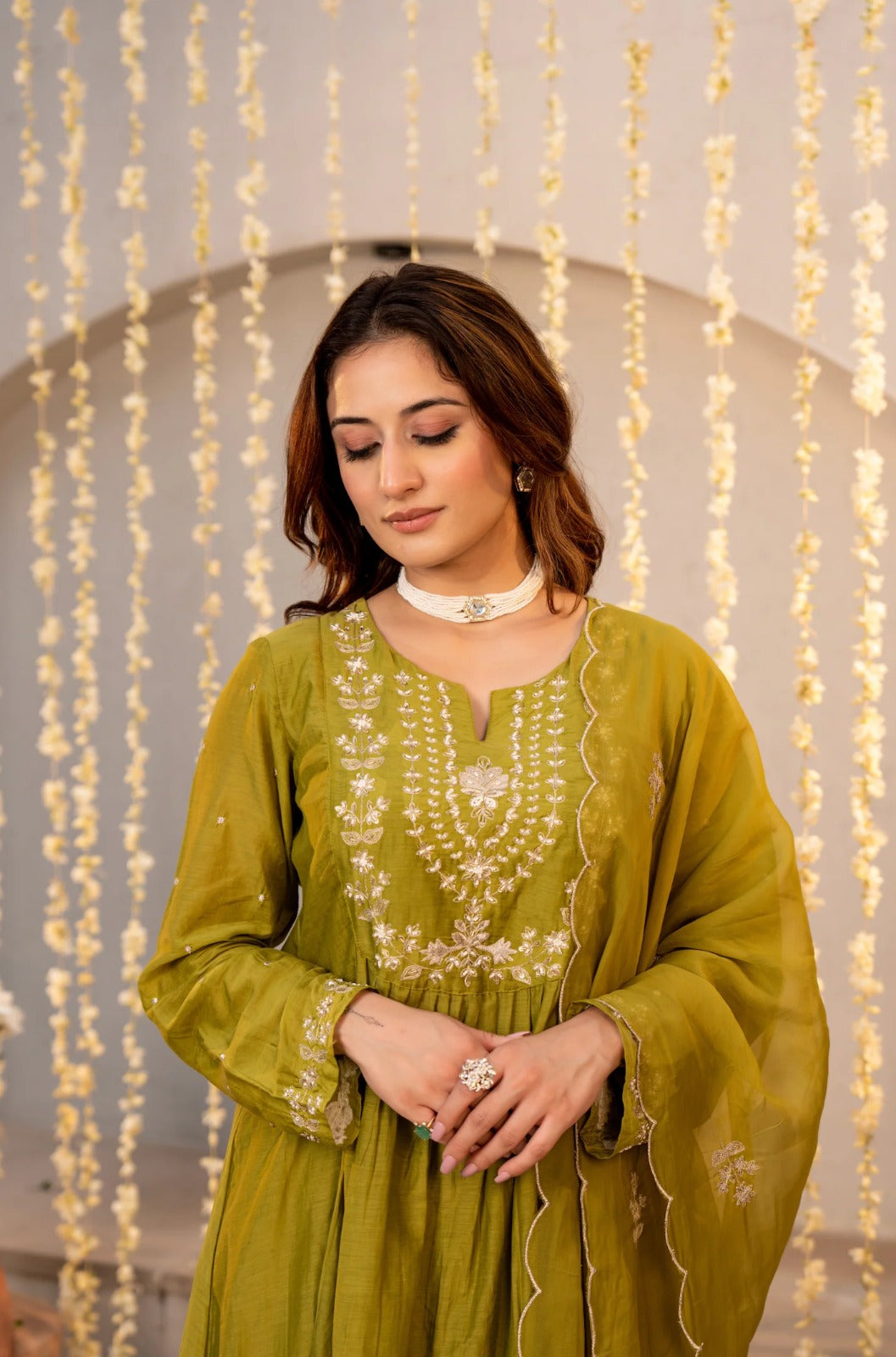Elegant Olive Green Embroidered Anarkali Kurta Set with Dupatta for Women