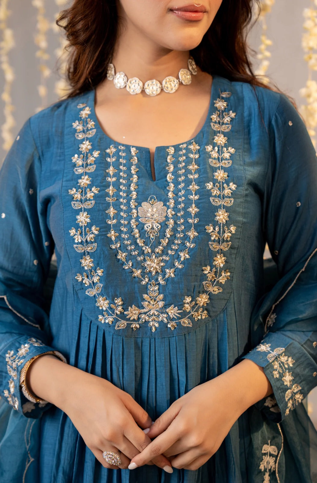 Elegant Blue  Embroidered Anarkali Kurta Set with Dupatta for Women
