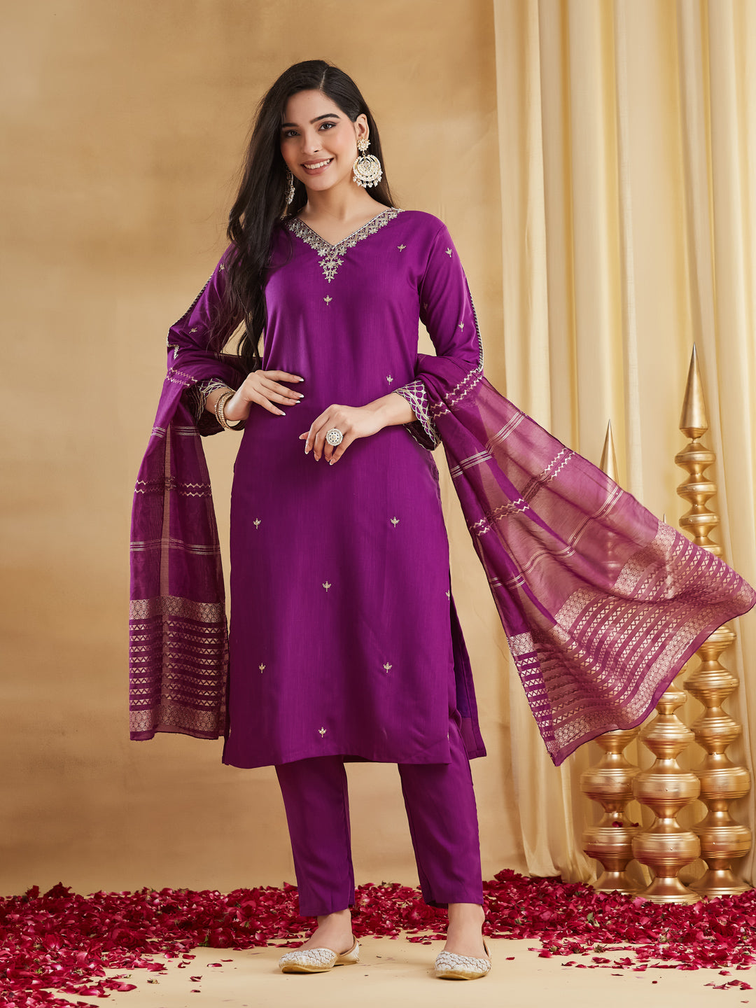 Magenta Embroidered Straight Kurta Pant Set with Banarasi Dupatta