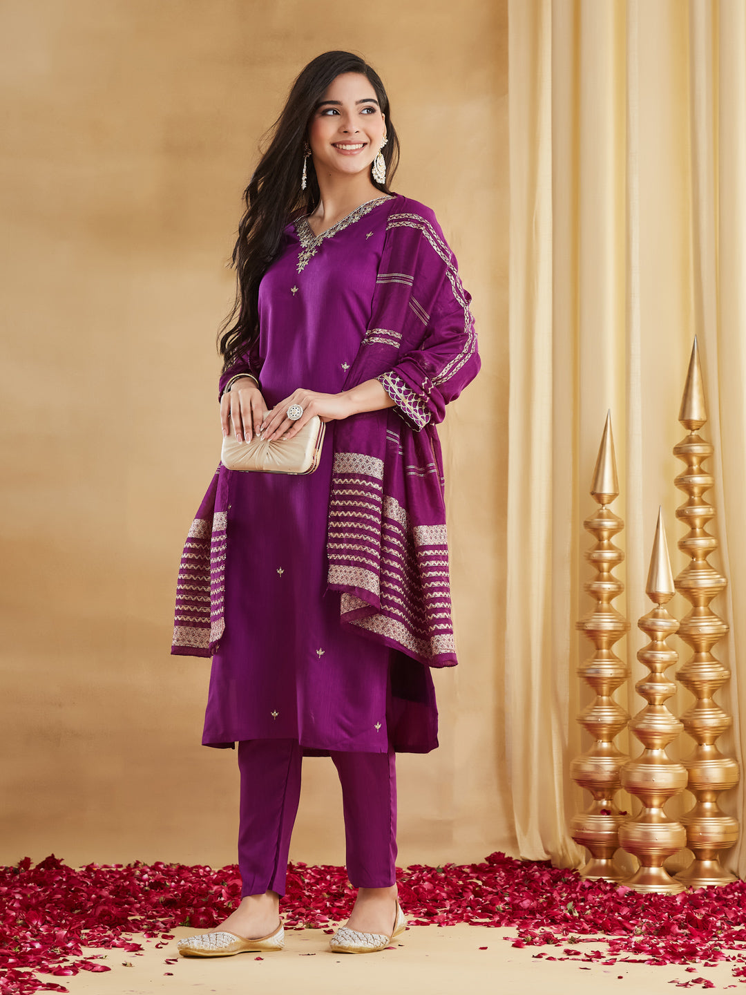 Magenta Embroidered Straight Kurta Pant Set with Banarasi Dupatta