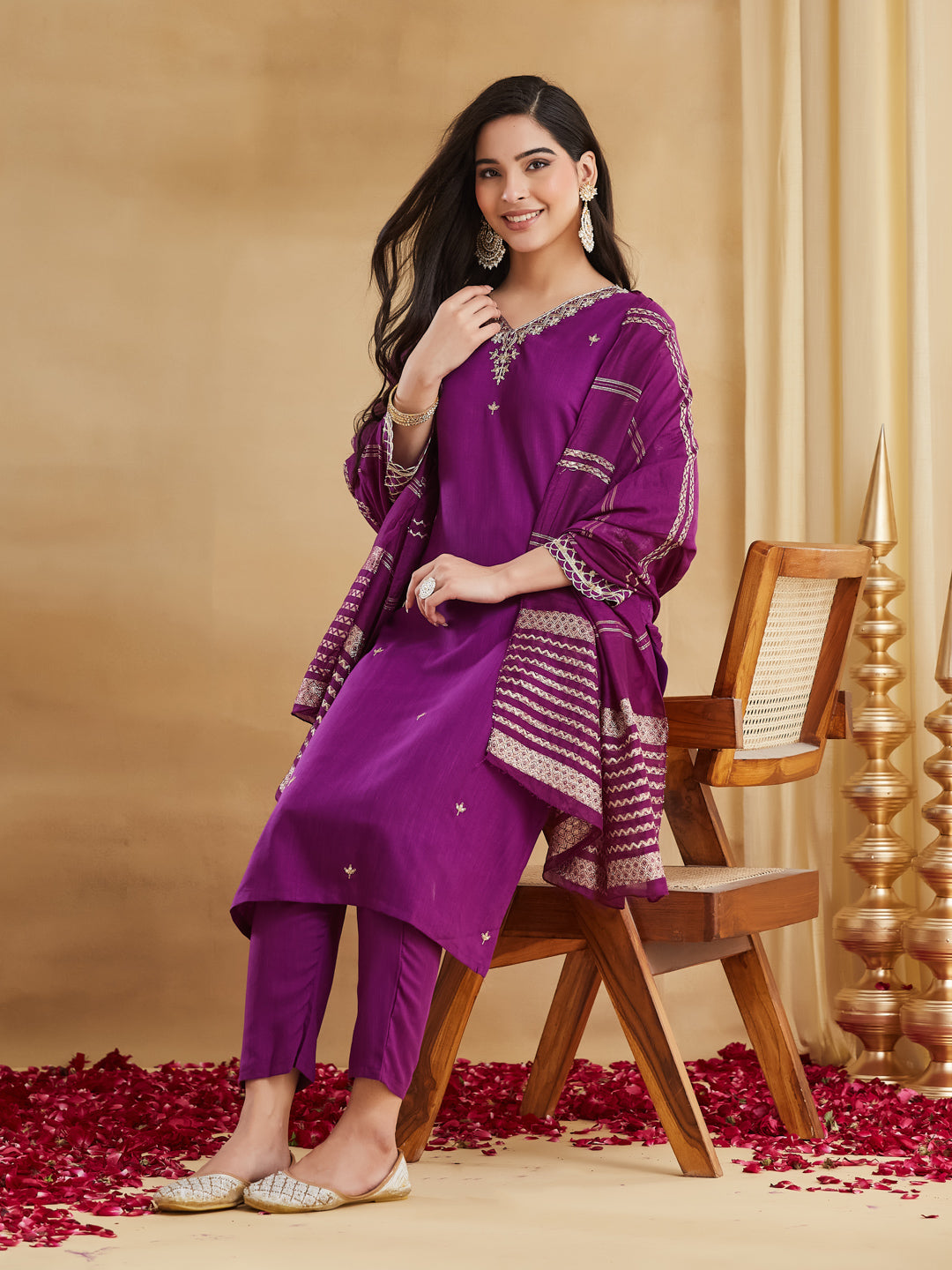 Magenta Embroidered Straight Kurta Pant Set with Banarasi Dupatta