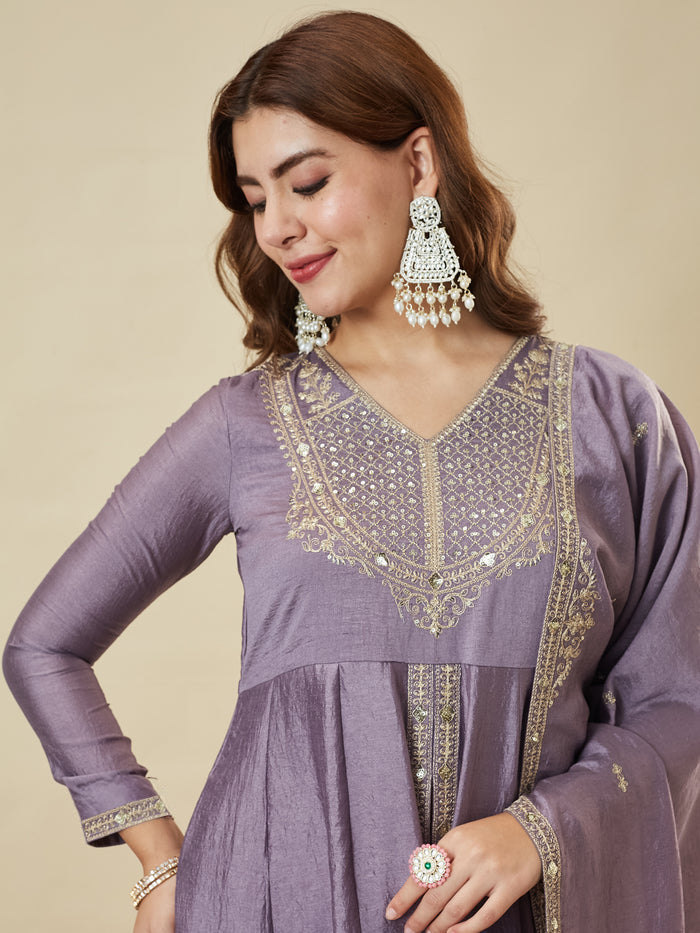 Lavender Embroidered Kurta Palazzo Set with Dupatta