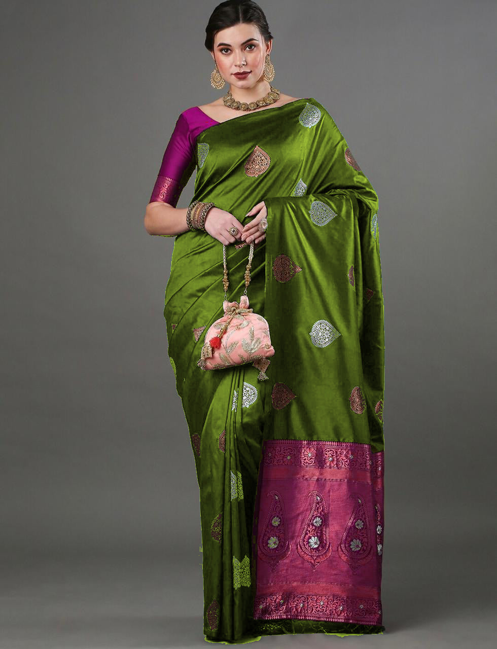 Elegant Mehendi Green Silk Saree with Zari Motifs & Rich Pink Border