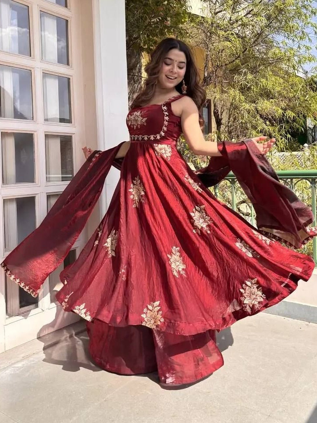 Maroon Floral Embroidered Anarkali Suit Set with Dupatta
