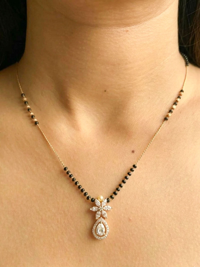 Elegant Black Bead Mangalsutra with Floral Diamond Pendant