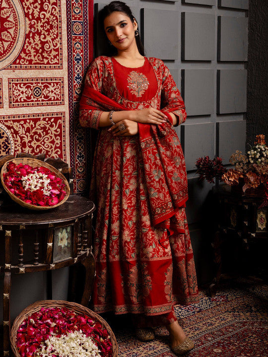 Deep Red Printed Anarkali Kurta Set with Dupatta – Festive & Wedding Wear Ensemble