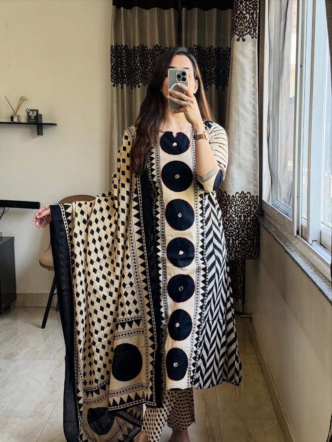 Elegant Black & Beige Printed Cotton Kurta Set with Dupatta