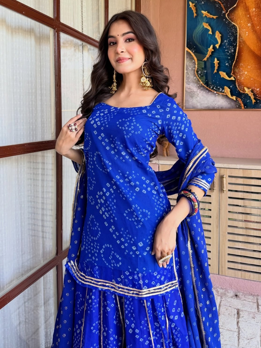 Women's Blue Bandhani Printed Sharara Set with Dupatta