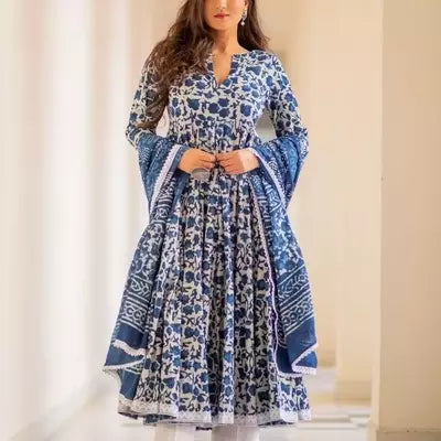 Blue Cotton Printed Kurti With Pant & Dupatta Set