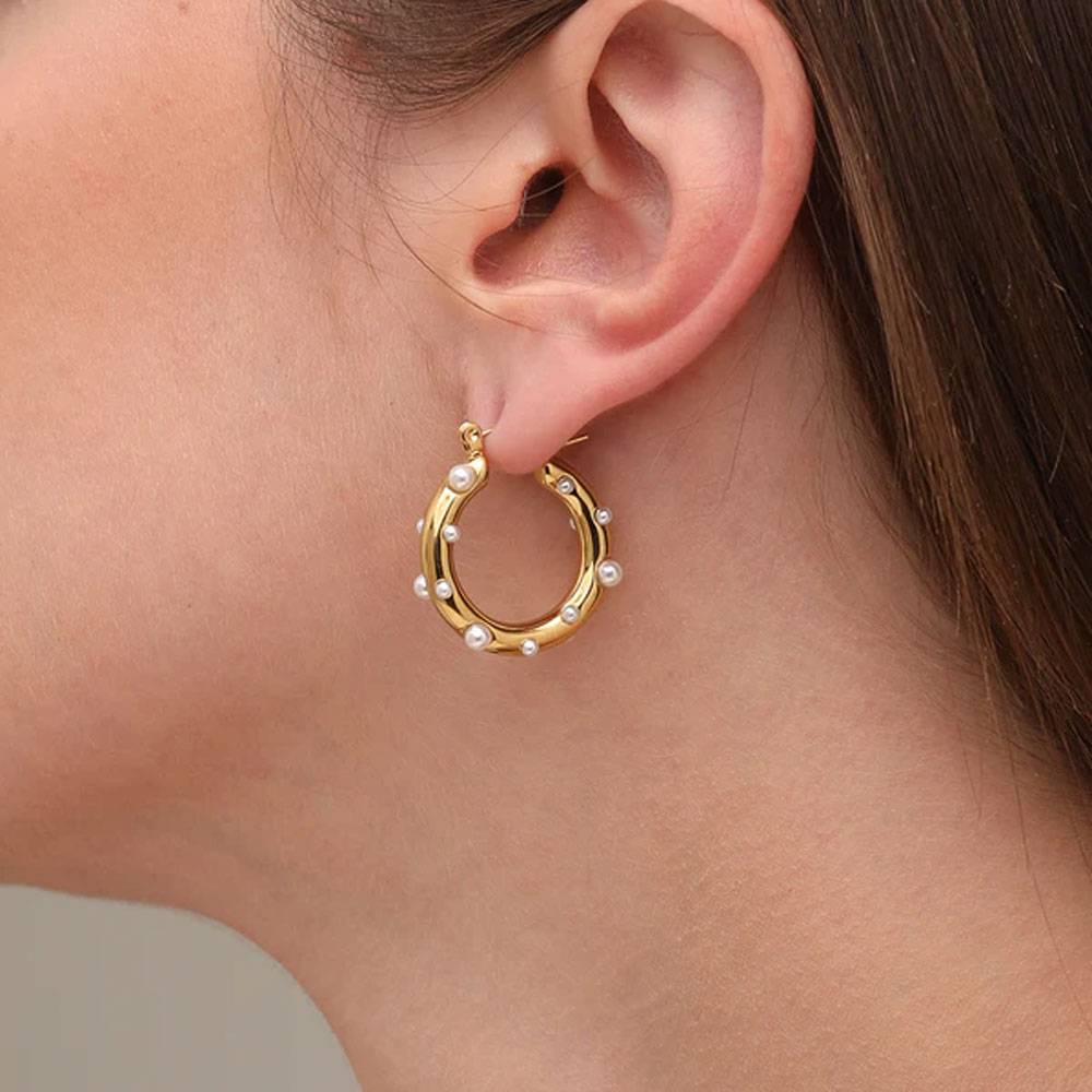 Pearl Studded Hoop Earrings (One Size)