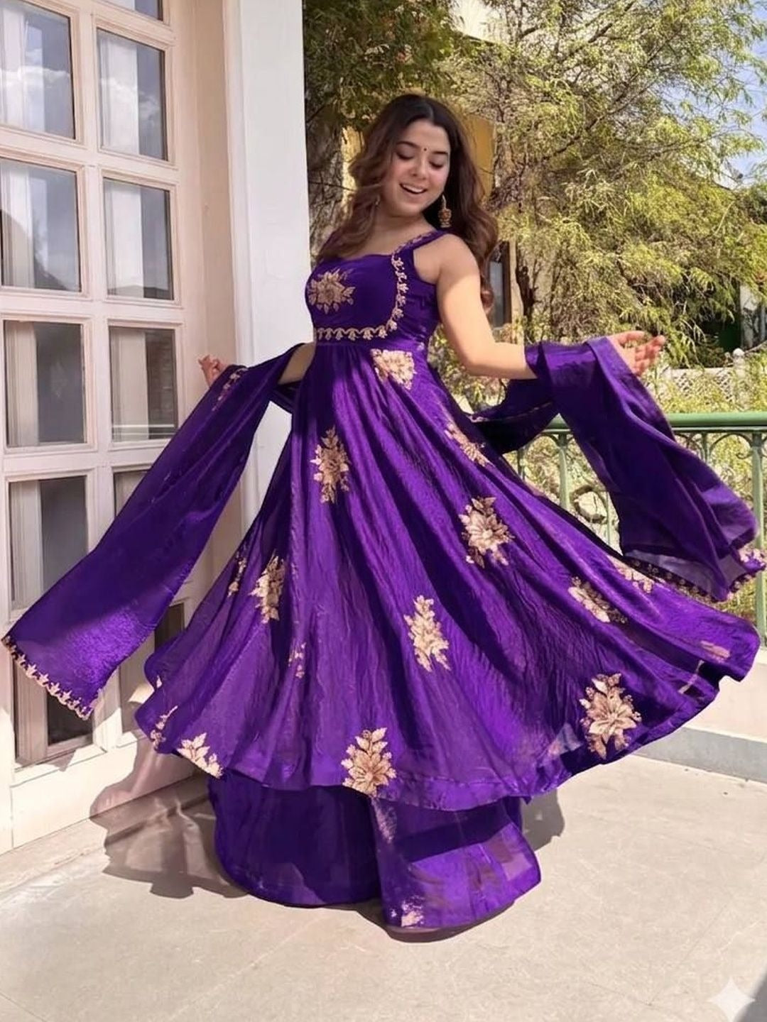 Purple  Floral Embroidered Anarkali Suit Set with Dupatta