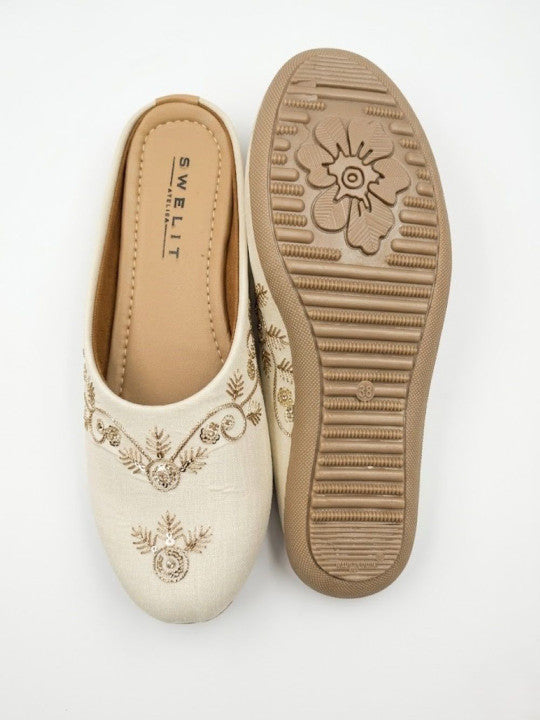 Traditional White Embroidered Flat Mules for Women