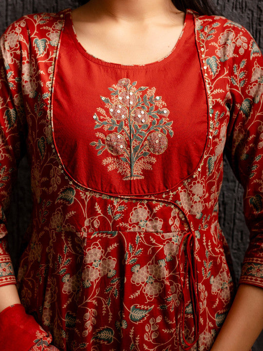 Deep Red Printed Anarkali Kurta Set with Dupatta – Festive & Wedding Wear Ensemble