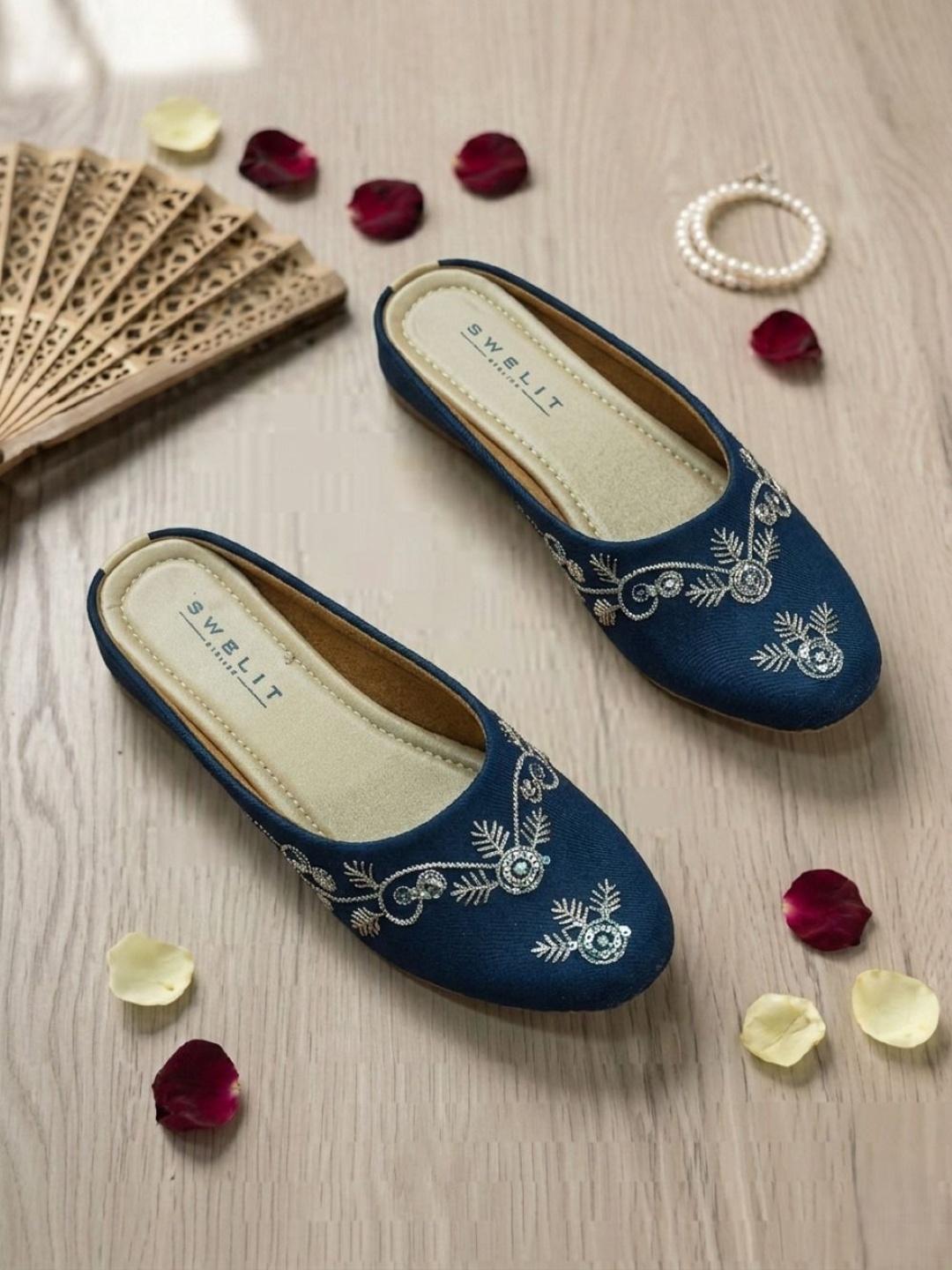 Traditional Navy Blue Embroidered Flat Mules for Women