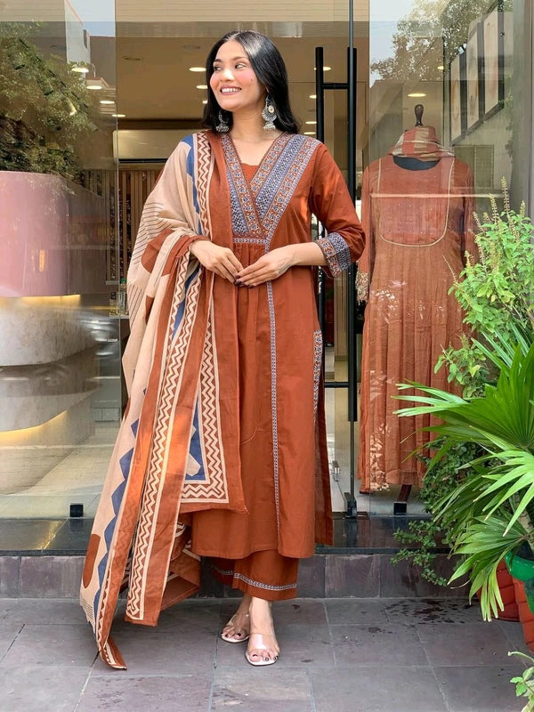 Brown Handblock Printed Cotton Anarkali Suit Set with Abstract Dupatta