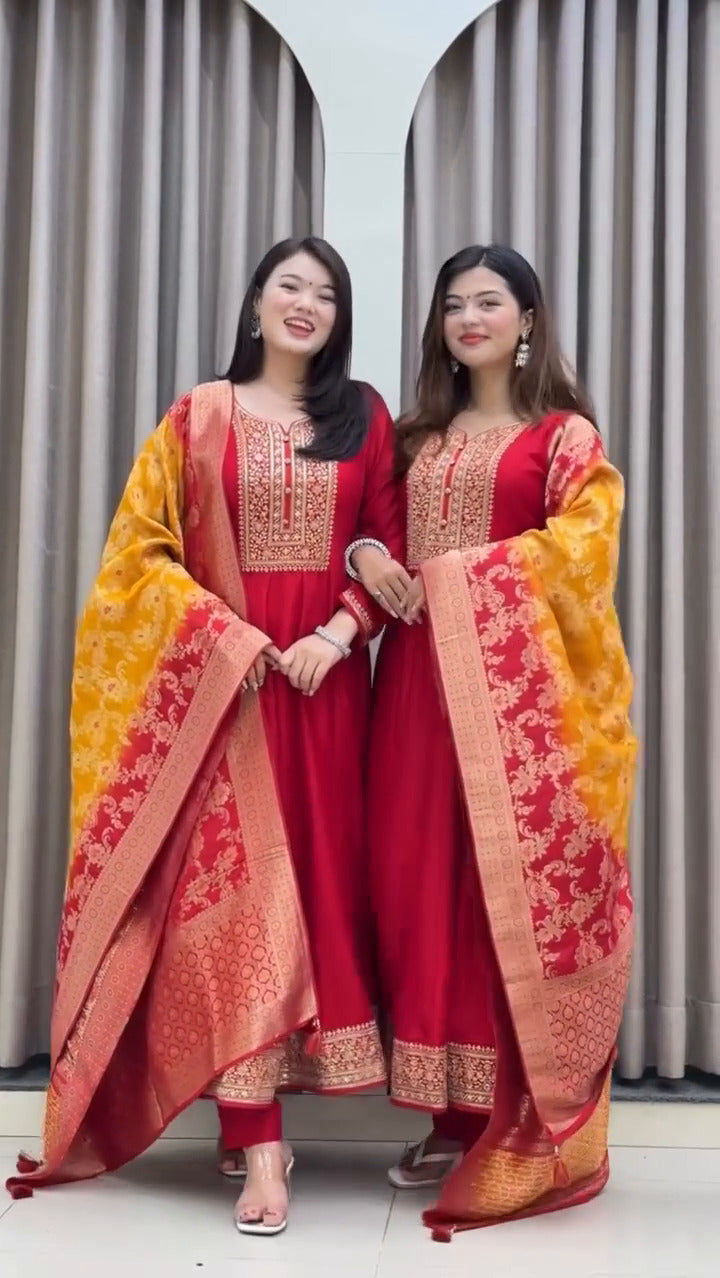 Rato Anarkali Silk Suit Set with Banarasi Dupatta