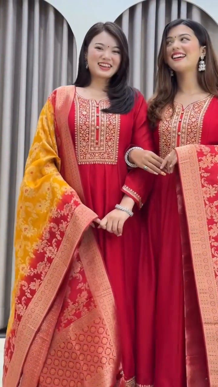Rato Anarkali Silk Suit Set with Banarasi Dupatta