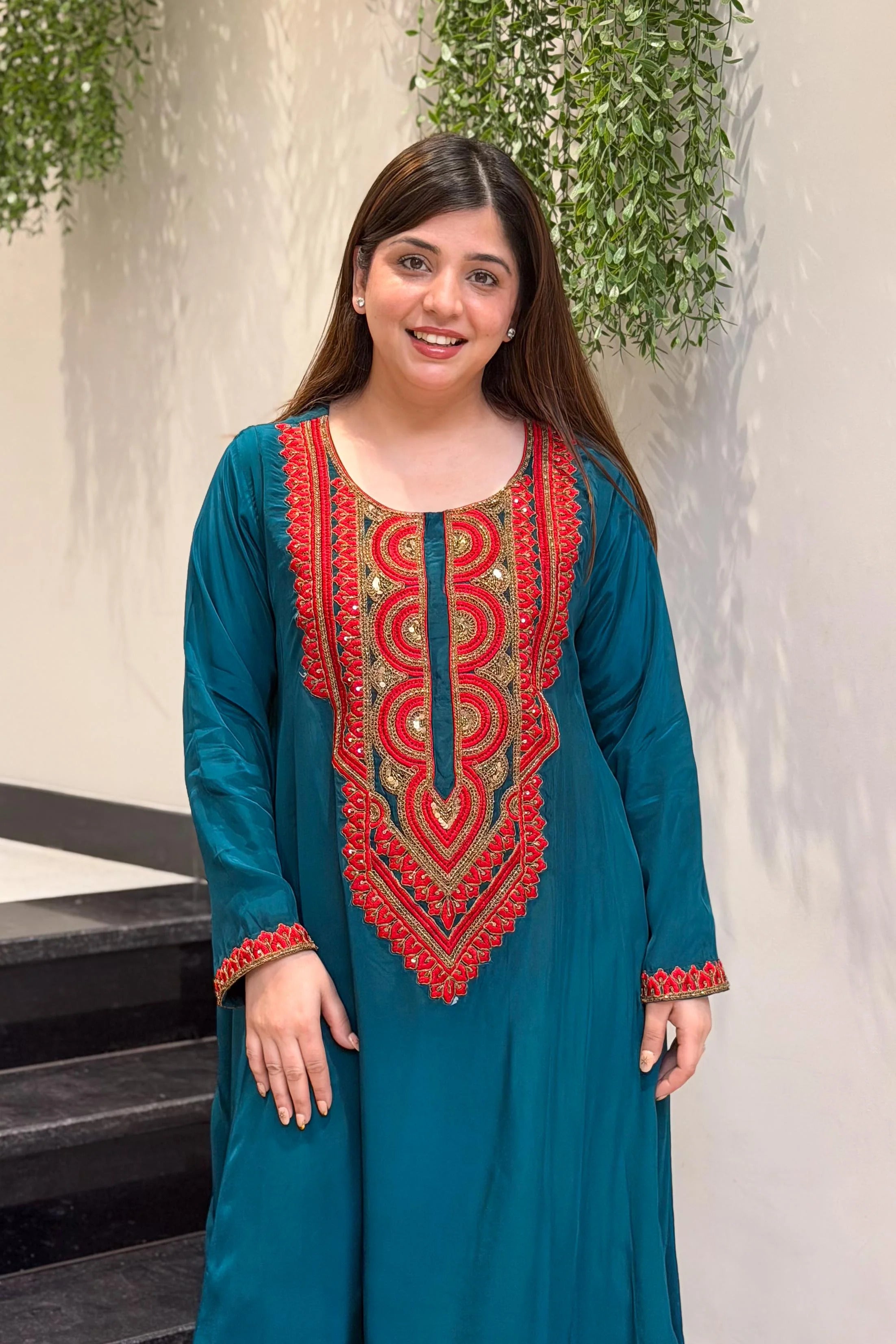 Teal Blue Embroidered Kurta Palazzo Set for Women