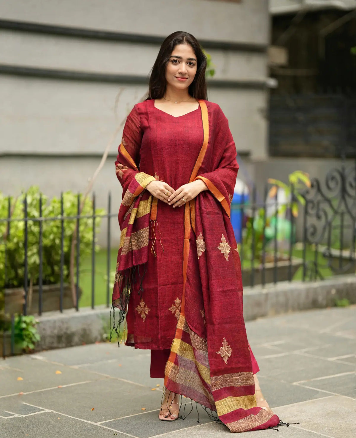 Women’s Maroon Embroidered Kurta Pant Set with Dupatta