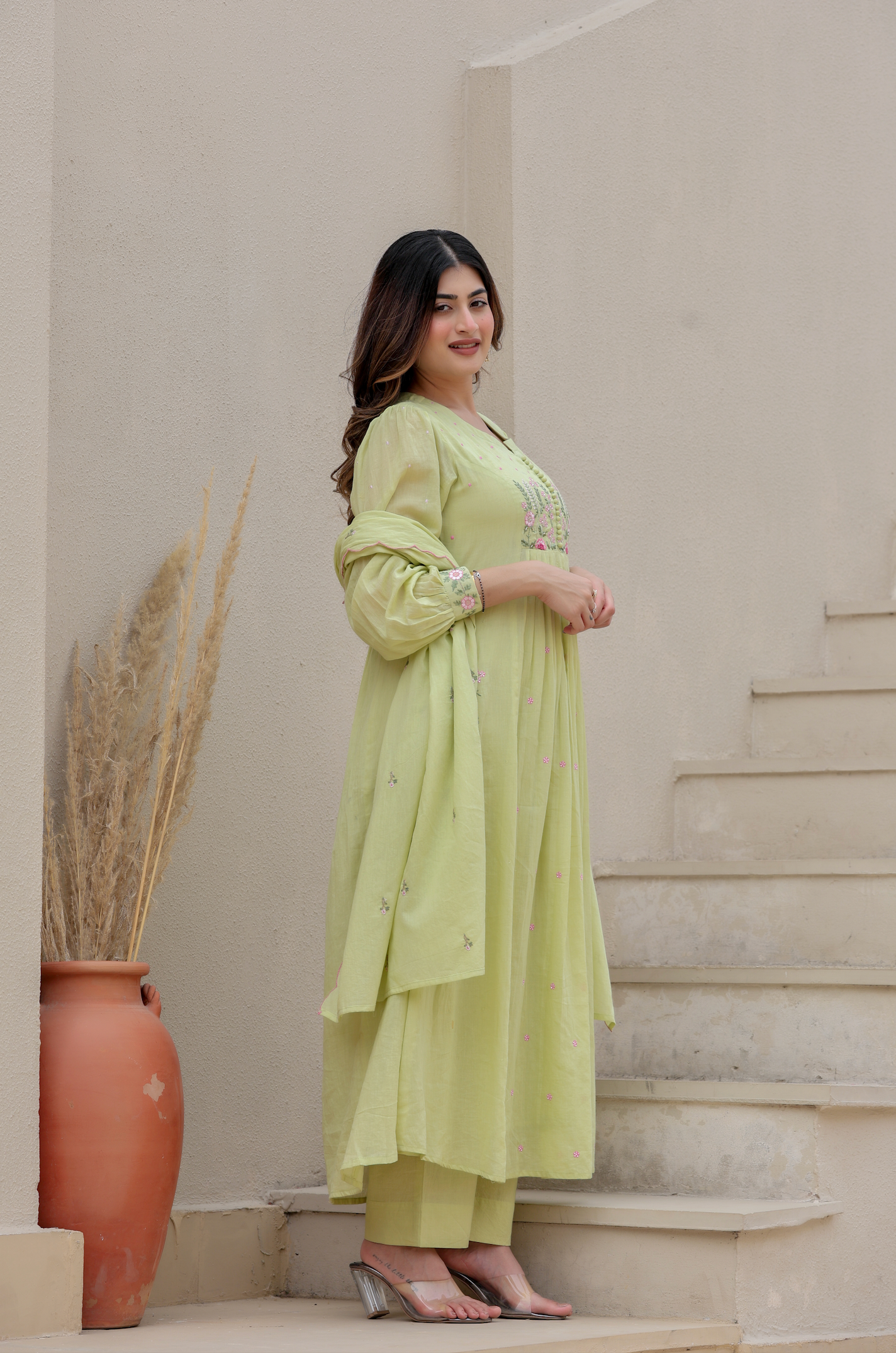 Elegant Embroidered Anarkali Kurta Set with Dupatta – Ivory, Lime Green & Blush Pink