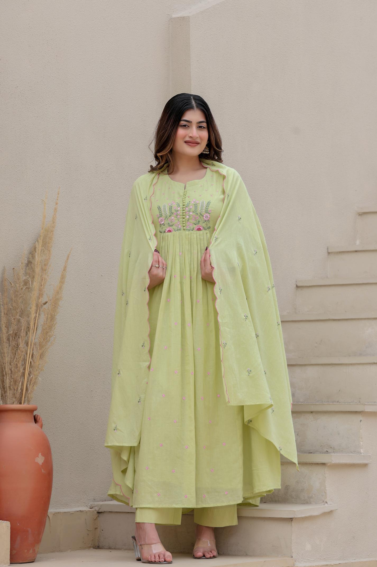 Elegant Embroidered Anarkali Kurta Set with Dupatta – Ivory, Lime Green & Blush Pink