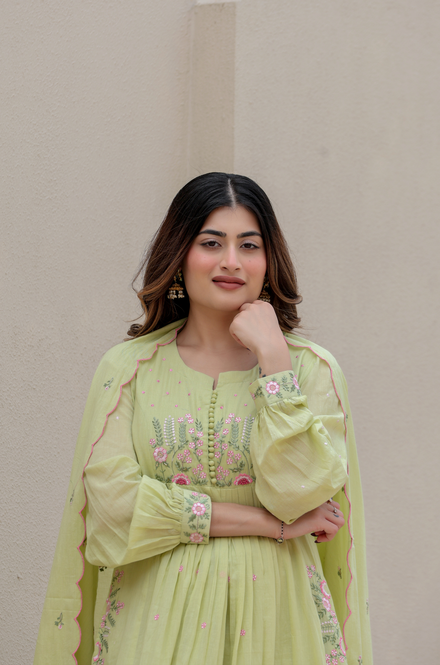 Elegant Embroidered Anarkali Kurta Set with Dupatta – Ivory, Lime Green & Blush Pink