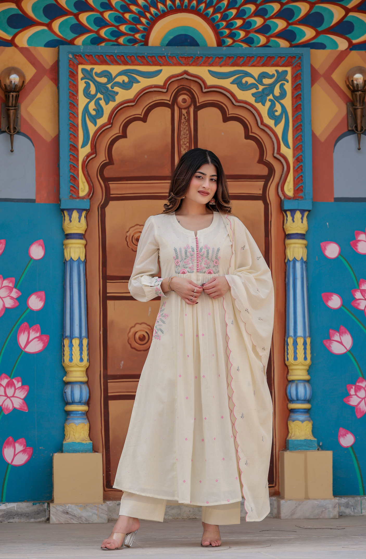 Elegant Embroidered Anarkali Kurta Set with Dupatta – Ivory, Lime Green & Blush Pink
