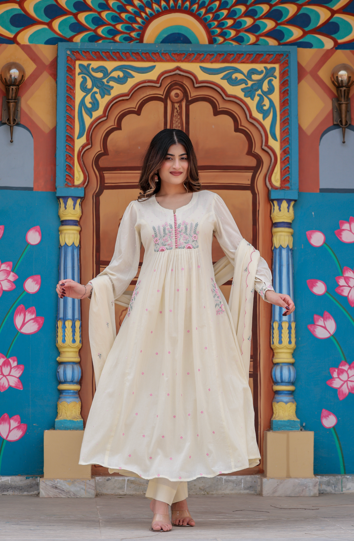 Elegant Embroidered Anarkali Kurta Set with Dupatta – Ivory, Lime Green & Blush Pink