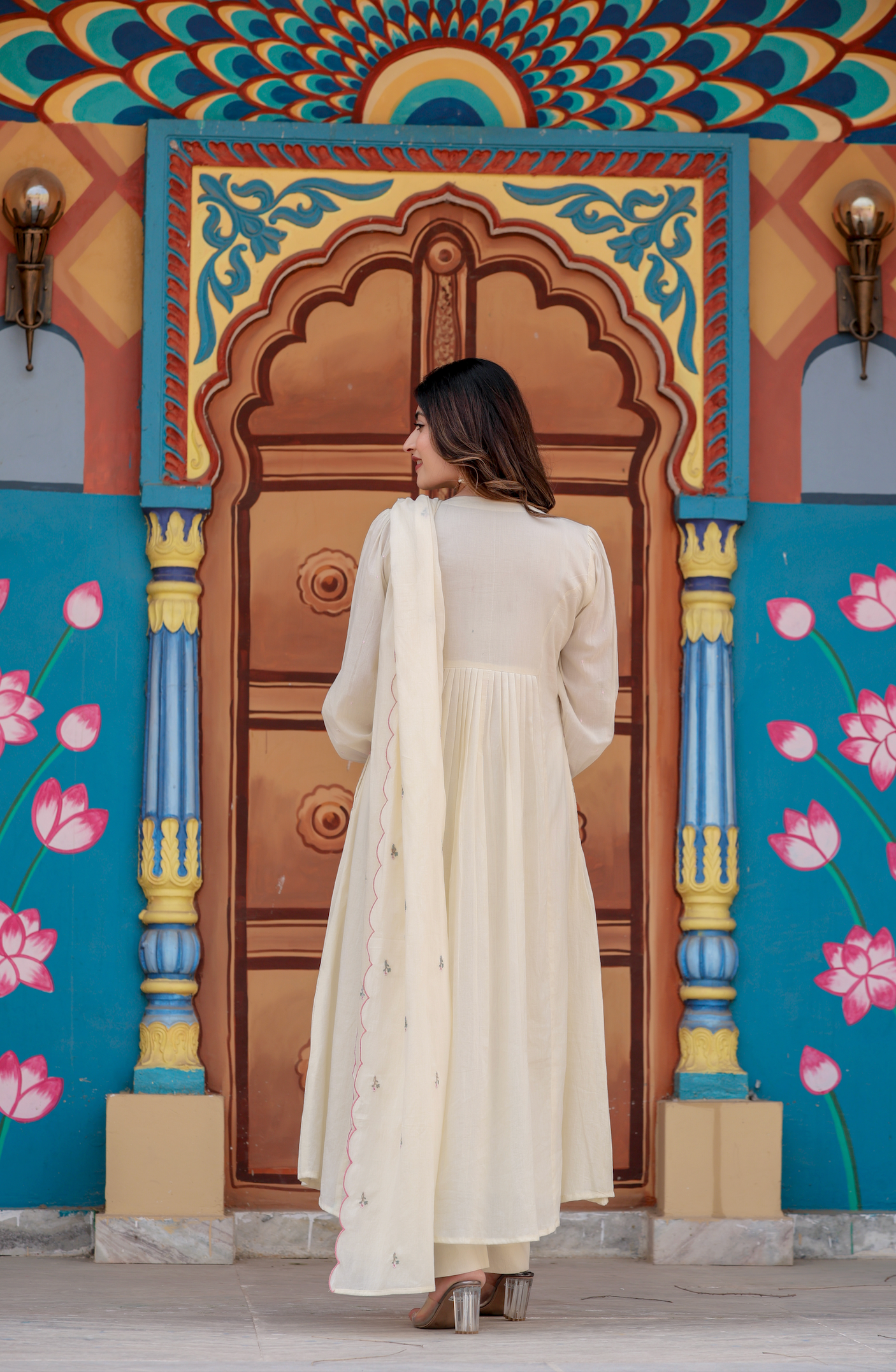 Elegant Embroidered Anarkali Kurta Set with Dupatta – Ivory, Lime Green & Blush Pink