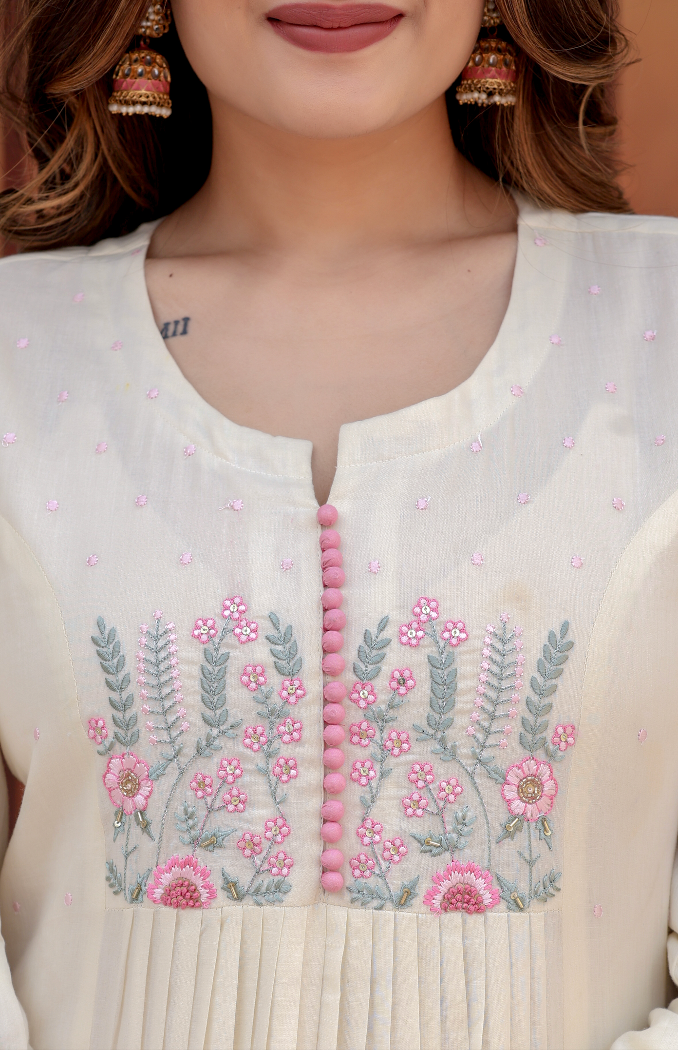 Elegant Embroidered Anarkali Kurta Set with Dupatta – Ivory, Lime Green & Blush Pink