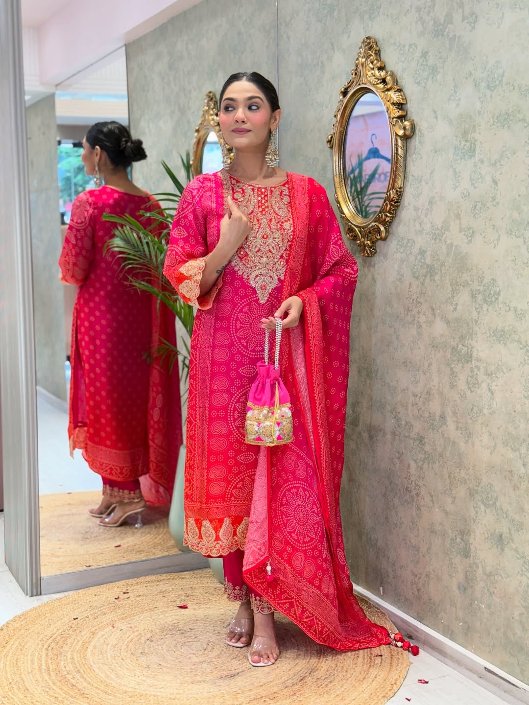 Premium Pink & Red Bandhani Print Crepe Kurta Set with Embroidered Neckline